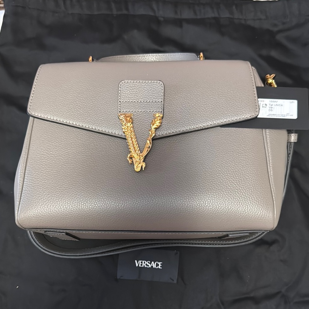 Versace Gray and Gold Top Handle Satchel with Structured Design